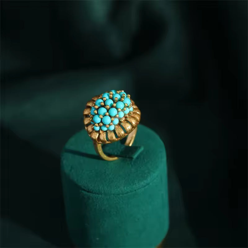 Victorian Turquoise Bloom Ring – 18K Gold Plated Adjustable Vintage Statement Ring