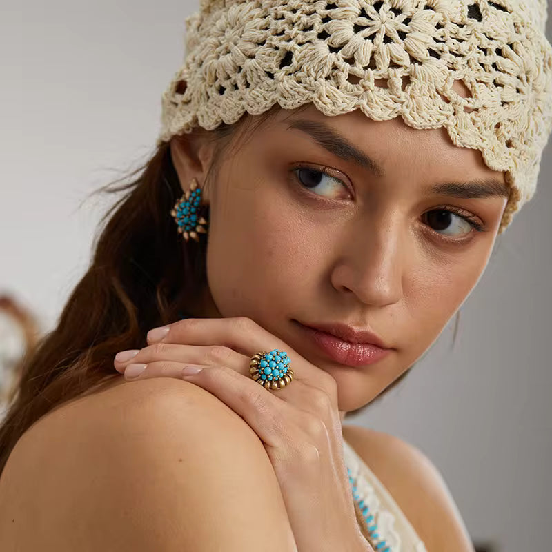Victorian Turquoise Bloom Ring – 18K Gold Plated Adjustable Vintage Statement Ring