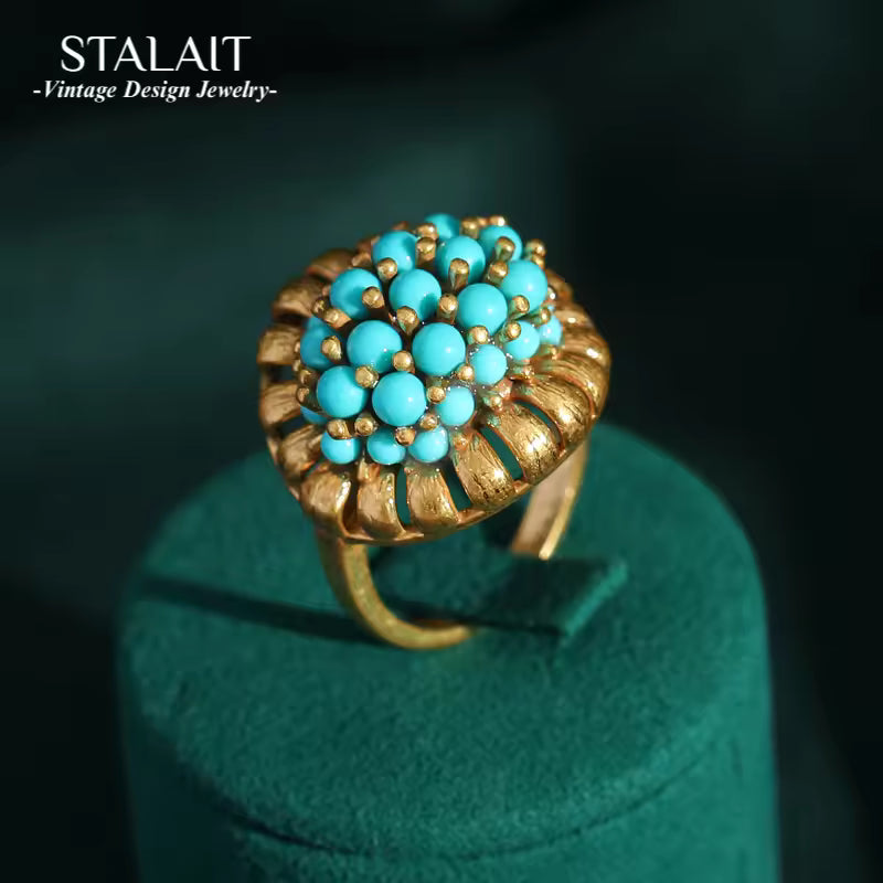 Victorian Turquoise Bloom Ring – 18K Gold Plated Adjustable Vintage Statement Ring